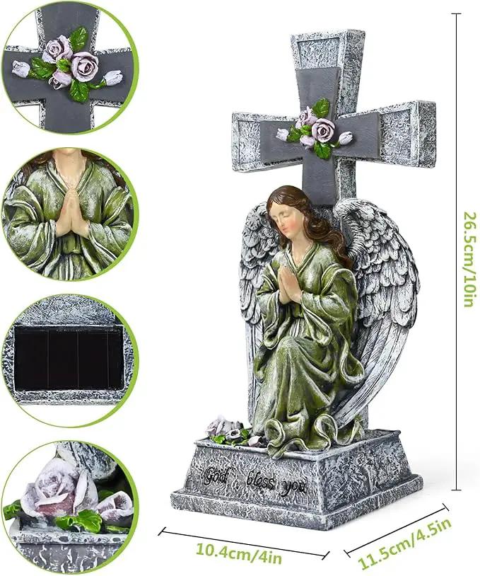 Yiosax-Solar Angels for Cemetery-Garden Statue Lights Decor - Before The Cross on One Knee Wings Praying Angel Figurine Bless You Cemetery Patio Lawn Yard Porch Decorations by GreenHaven Gardens