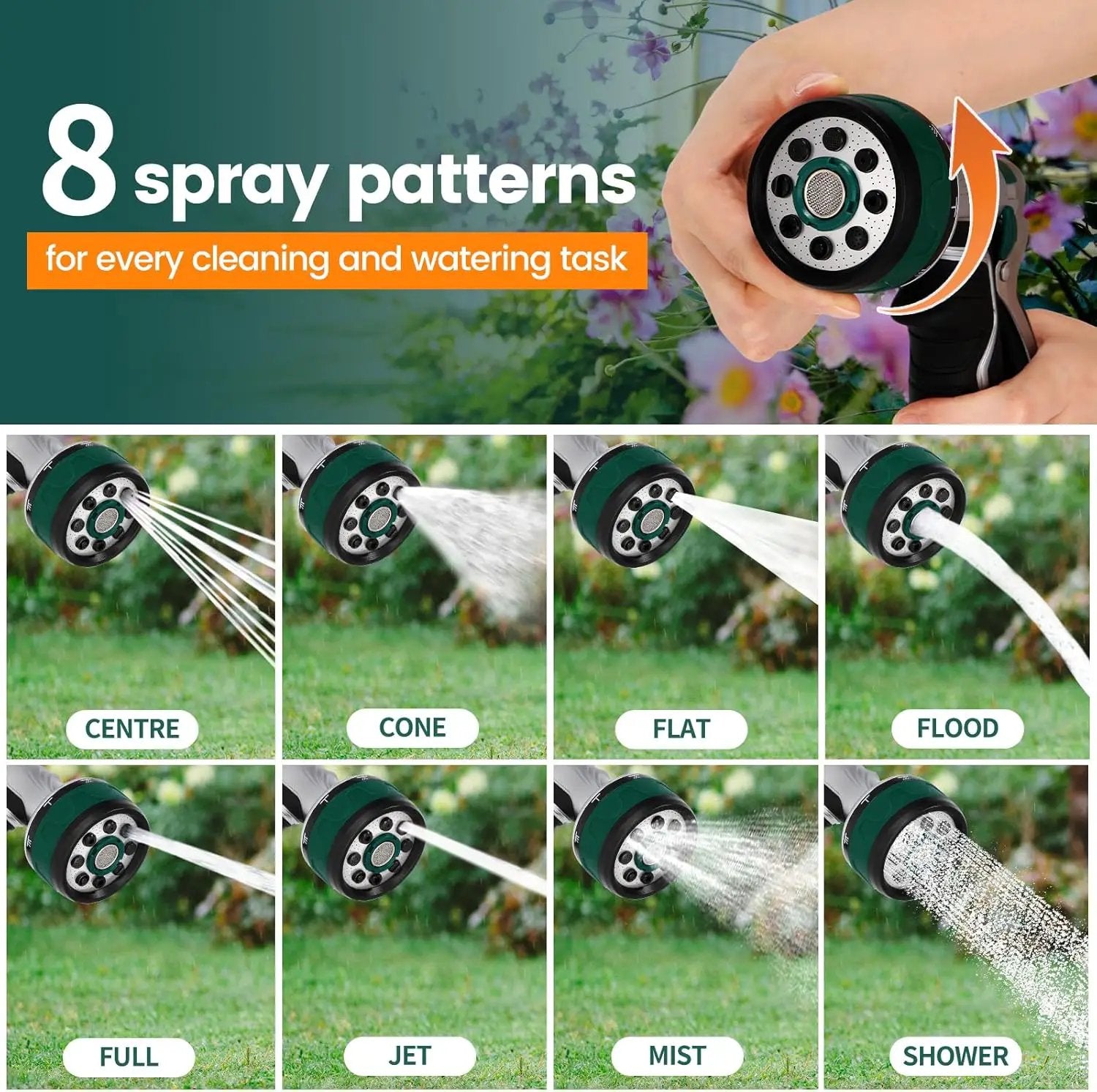 Garden Hose Nozzle, Heavy Duty Metal Water Hose Sprayer Nozzle with 8 Spray Patterns, High Pressure Handheld Nozzle with Flow Control for Lawn & Plant Watering, Car Washing – Forest Green by GreenHaven Gardens