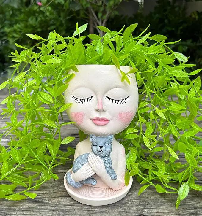 Head Planter with Drainage Hole, Resin Art Vase, Cute Lady Hugging Cat Succulent Flower Pots, Unique for Indoor Outdoor Decor, 7.28in by GreenHaven Gardens