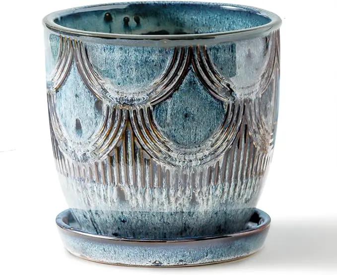 Ceramic Planter Pot, 5in, Reactive Glaze Blue, Indoor Outdoor Usage, with Drainage Hole and Saucer by GreenHaven Gardens