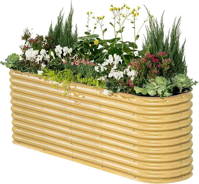 Vego garden 32" Extra Tall Raised Garden Bed Kits, 9 in 1 Modular Raised Planter Box for Vegetables Flowers Fruits Oval Metal Raised Garden Bed, Sunlit Oak by GreenHaven Gardens