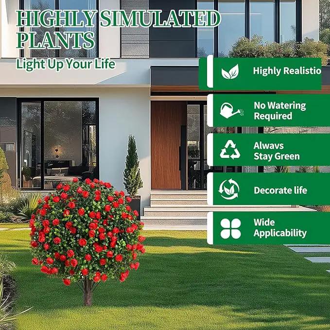 Artificial Rose Topiary Trees, 17 Inch UV-Resistant Red Flowers, Set of 2 with Ground Stakes, Indoor Outdoor Decorative Plants by GreenHaven Gardens