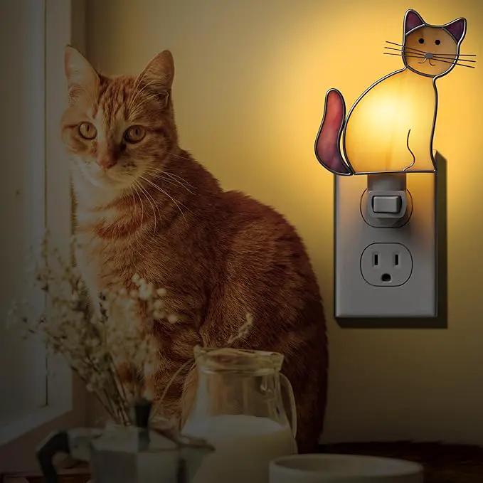 KY&BOSAM Cat Night Light Stained Glass Yellow Plug in Nightlight Decorative Wall Night Lights 7 Watt Bulb Accent Lite Night Memorial Gifts Pet Lost Sympathy Thoughtful Dogs and Cats Remembrance Decor by GreenHaven Gardens