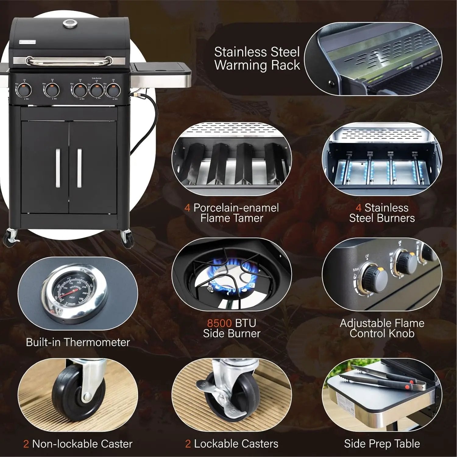 Sophia & William 4-Burner Gas BBQ Grill with Side Burner & Porcelain-Enameled Cast Iron Grates, Outdoor Cooking Propane Grills Cabinet Style Garden Barbecue Grill, 46,700BTU, Black by GreenHaven Gardens