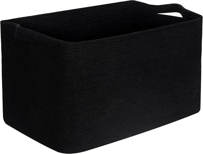 MINTWOOD Design 22in Extra Large Blanket Basket Holder Living Room, Rectangle Rope Woven Storage Basket with Handles for Laundry, Pool Towels, and Shoes, Dog Toy Organizer Bin Box, Full Black by GreenHaven Gardens