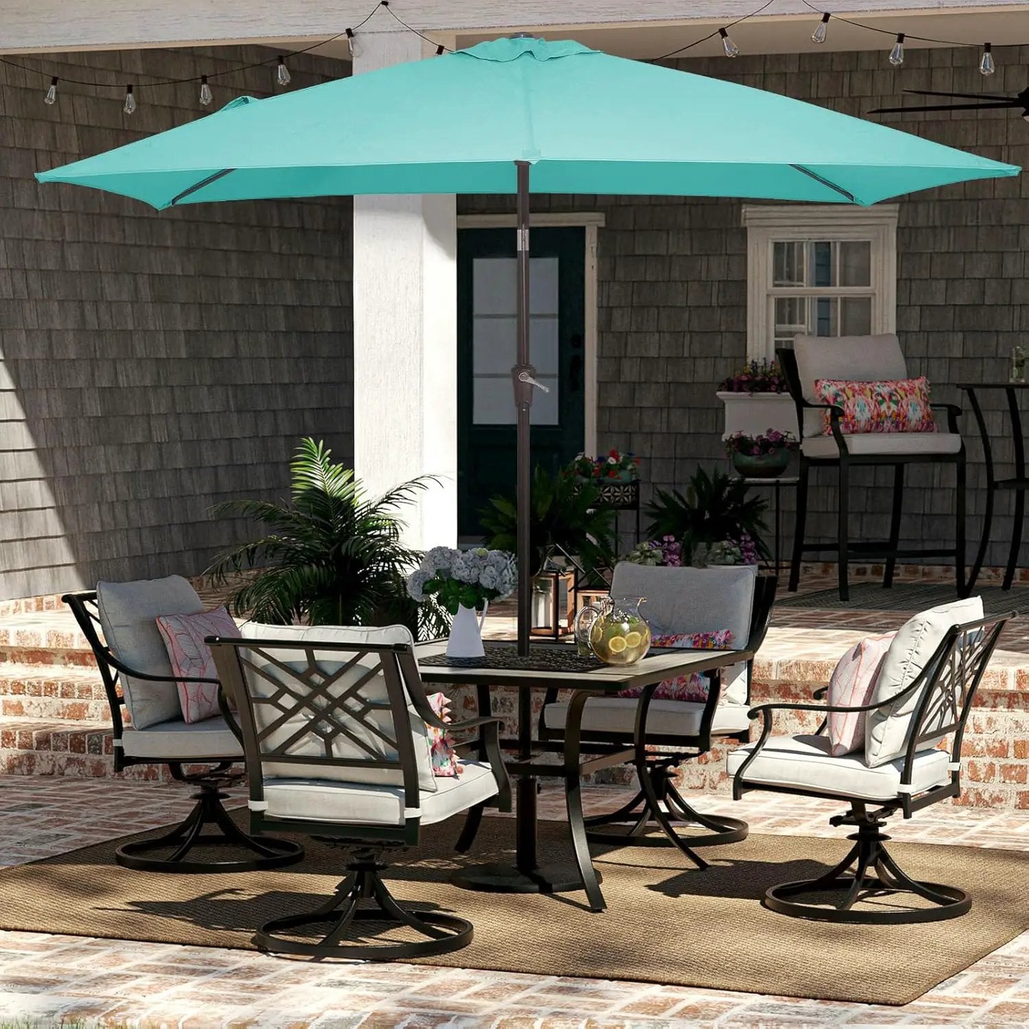 JEAREY 6.5x10 ft Rectangular Patio Umbrellas Outdoor Market Umbrella with Push Button Tilt and Crank, Rectangle Table Umbrella 6 Sturdy Ribs UV Protection for Pool Garden Backyard Deck, Aqua Sky by GreenHaven Gardens