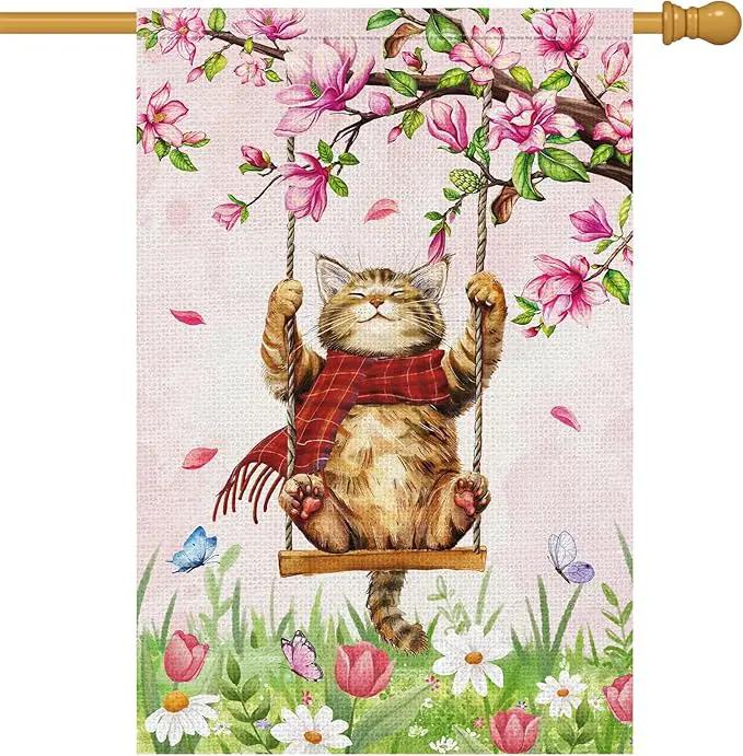 Heyfibro Spring Cute Cat Welcome Garden Flag 28x40 Inch Double Sided Burlap, Summer Magnolia Butterfly Flower Floral Yard Banner for Seasonal Holiday Farmhouse Outdoor Decor(ONLY FLAG) by GreenHaven Gardens