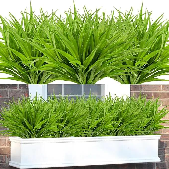16Pcs Artificial Grass Fake Plants 17.3in 16 Leaves Outdoor Fake Grass UV Resistant Greenery Plastic Plants for Home Window Garden Patio Hanging Planter Pathway Front Porch Décor Green by GreenHaven Gardens
