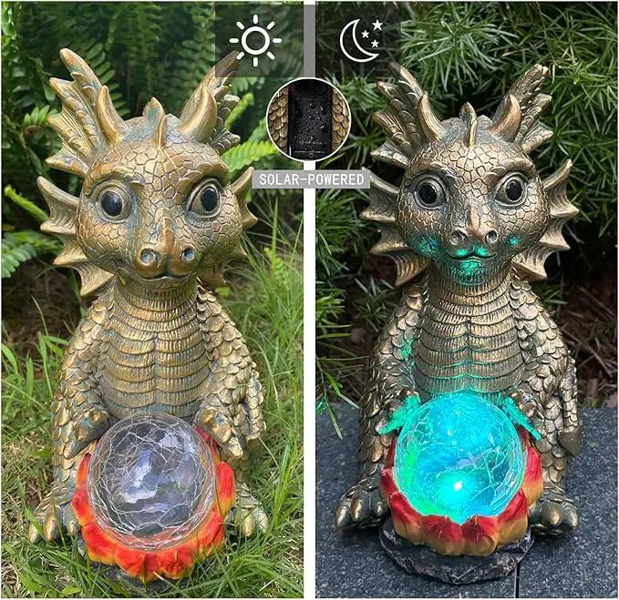 Solar Garden Statue Dragon Figurine with 7-Color Changing Solar Crackle Globe Lights- Loving Dragon for Patio,Balcony,Yard, Lawn-Unique Idea Gifts (Grey) by GreenHaven Gardens