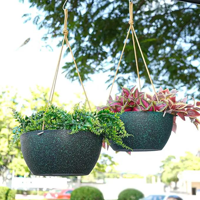 12 Inch 2 Pack Large Hanging Planters for Indoor Outdoor Plants, Plastic Hanging Basket Pots for House Plants Flowers, Black Speckles by GreenHaven Gardens