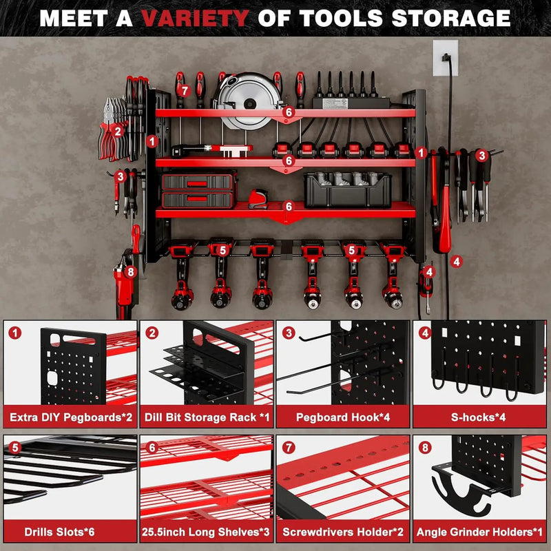 Power Tool Organizer Wall Mount with Charging Station 4 Layer 6 Slot Cordless Drill Holder with Angle Grinder Holder (Red) by GreenHaven Gardens