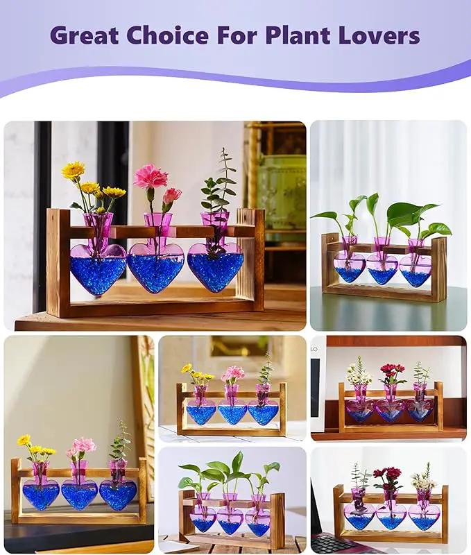 Nacome Plant Terrarium for Office Decor: Birthday Gifts for Plant Lovers Women Mom Wife - Wooden Stand Tabletop Planter 3 Bulb Glass Vase Heart Shaped for Hydroponics Indoor Home(Purple) by GreenHaven Gardens