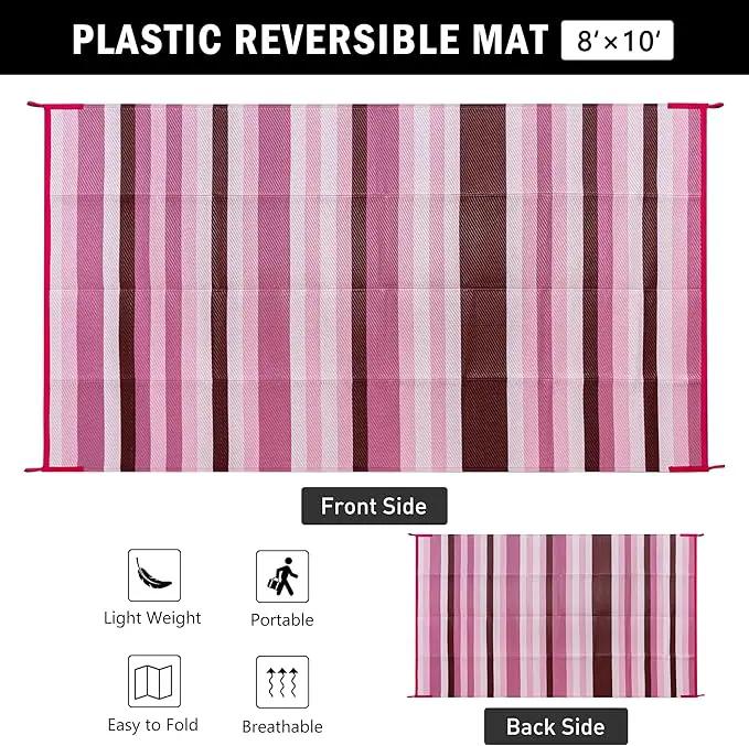Outdoor Waterproof Rug 8'x10' Plastic Straw Rugs Washable Reversible Floor Mat Pink Stripe Carpet for Camping RV Deck Entryance Porch Picnic Balcony Beach Backyard by GreenHaven Gardens
