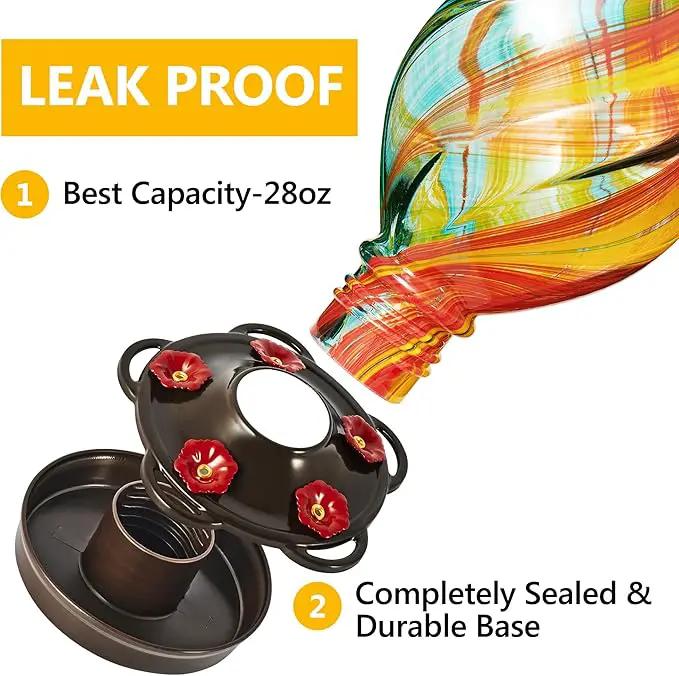 LUJII Ice Cream Shaped Spiral Hummingbird Feeder for Outdoors Hanging, Hand Blown Glass, 28 fl.oz, Leak Proof & Rustproof, Includes an Ant Moat, Unique Garden, Outside & Backyard Decor (Ribbon) by GreenHaven Gardens