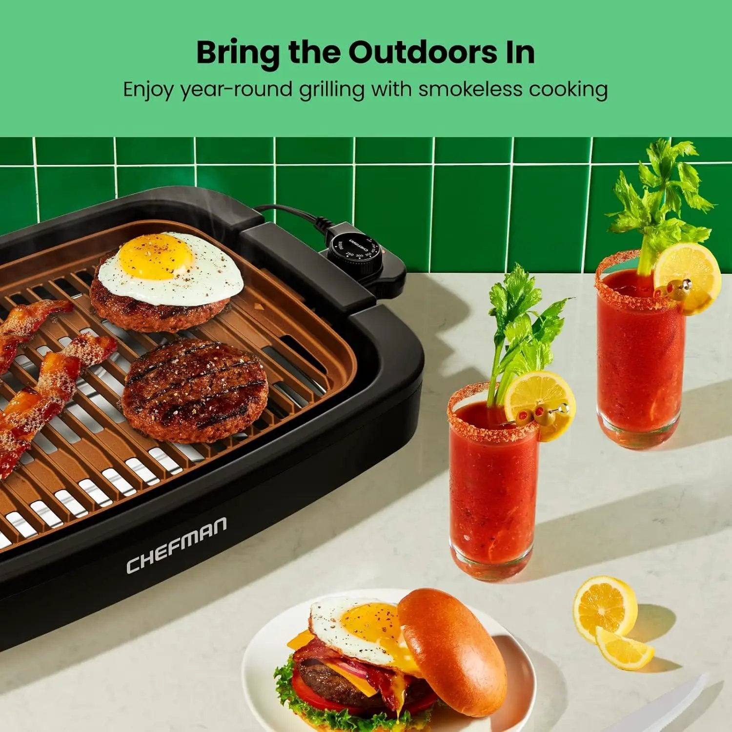 Chefman Smokeless Indoor Electric Grill, Copper, Extra Large, Nonstick Table Top Grill for Indoor Grilling and BBQ with Adjustable Temperature Control, Nonstick Dishwasher-Safe Parts, 9" x 15" by GreenHaven Gardens