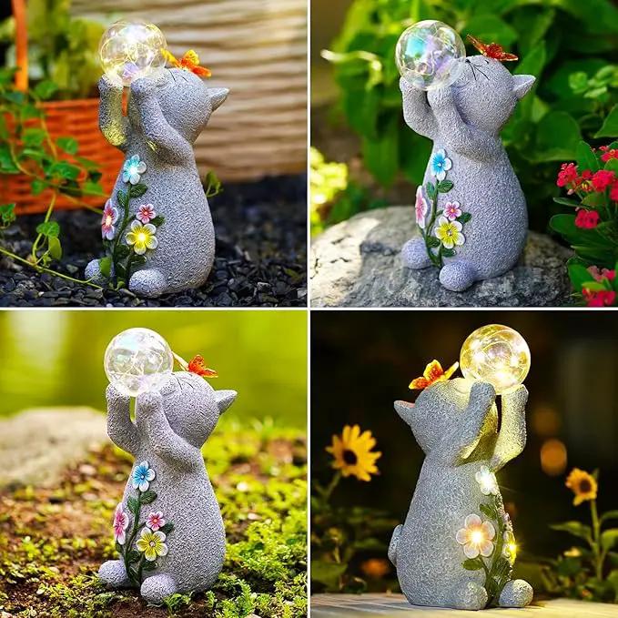 Goodeco Solar Cat Garden Statue - Outdoor Cat Decor with Solar Butterfly & Succulent Flowers LED Lights for Cat Lovers and Garden Enthusiasts - Ideal Gifts for Mom & Birthdays by GreenHaven Gardens