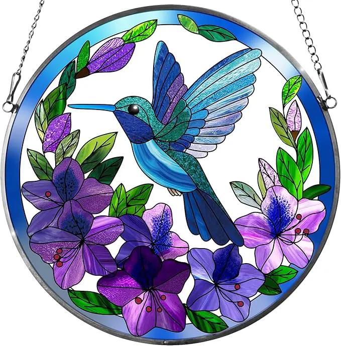 Stained Glass Sun Cather for Window Hanging, 6.3'' Hummingbird Window Ornament for Indoor Outdoor, Hand Painted Stain Glass Gift for Women, Bird Nature Lovers by GreenHaven Gardens