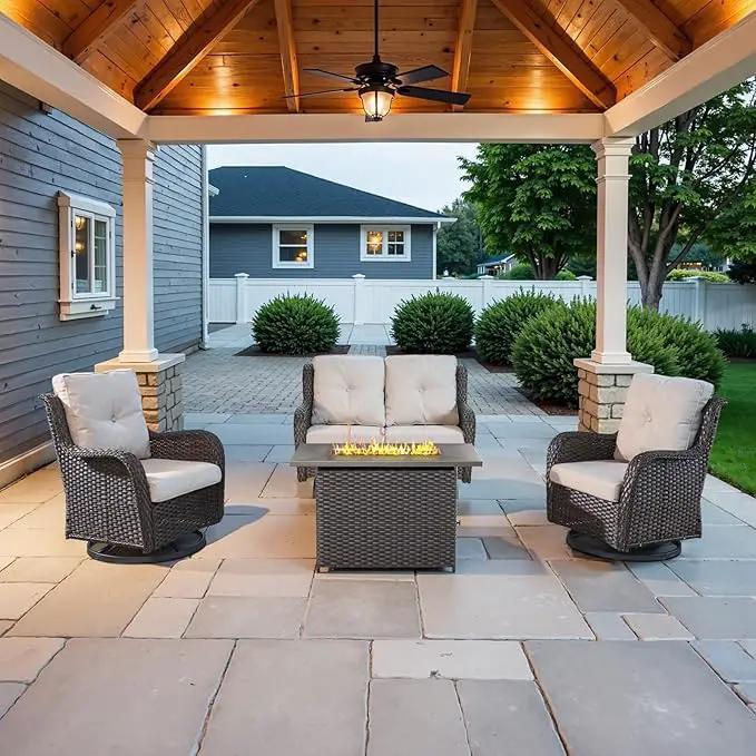 4 Piece Patio Furniture Set with Fire Pit Table - 41inch 50000 BTU Propane Fire Pit Table with High Back Loveseat Glider Chair and 2 Swivel Rocker Chair for Casual Gathering by GreenHaven Gardens