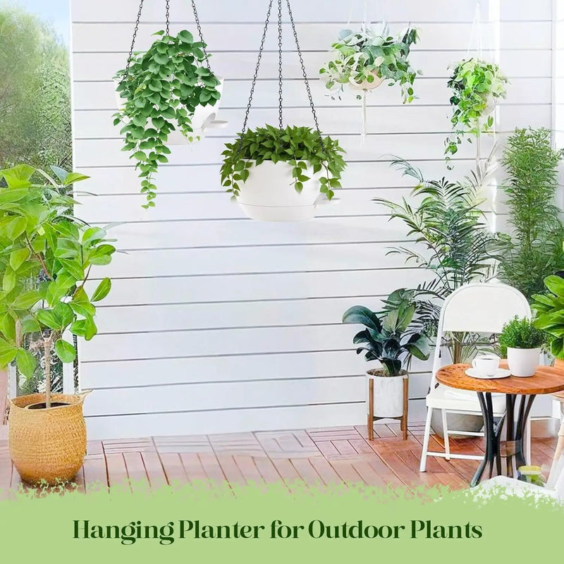 10 Inch Hanging Planters with Chains 2 Pack Self Watering White Plastic Hanging Pots for Indoor Outdoor Plants, Garden Porch Home Decor (White) by GreenHaven Gardens