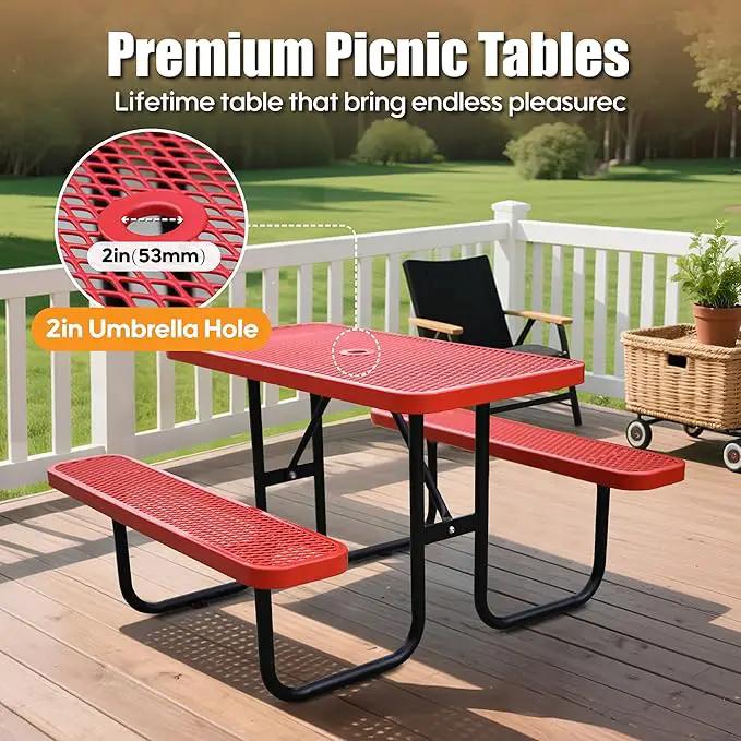 4FT Metal Picnic Tables for Outdoors, Commercial Rectangular Picnic Table and Bench Set for Outside, Patio, Garden, Backyard, Porch, Surface Mount, Red by GreenHaven Gardens