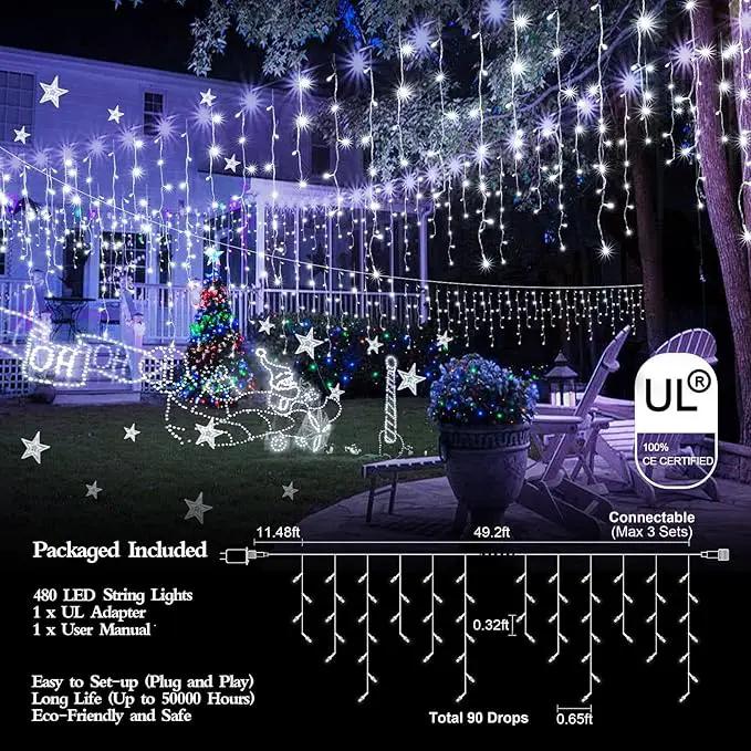 480 LED 49FT Christmas Lights Plug in 8 Modes with Timer Dimmable Christmas Decorations Outdoor Waterproof Indoor Curtain String Lights for Roof Porch Garden Holiday Wedding Party Decor Cool White by GreenHaven Gardens