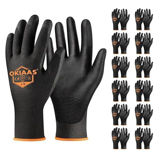 OKIAAS Work Gloves for Men,Ultra Thin and Lightweight Working Gloves with Grip,12 Pairs Bulk Pack Construction Gloves with Polyurethane Coating,Safety Gloves for Light Duty Work (Black, Large) by GreenHaven Gardens