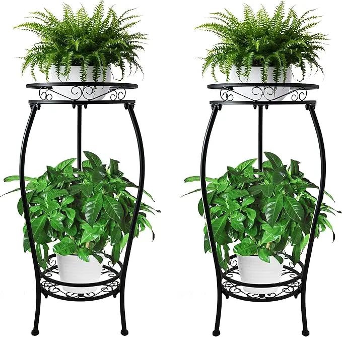 CASIMR 2Pack Plant Stand Indoor Outdoor, 2 Tier 26.6" Tall Metal Potted Holder Rack Multiple Flower Pot Stand Heavy Duty Plant Shelf Rustproof Iron Plant Round Supports Rack by GreenHaven Gardens