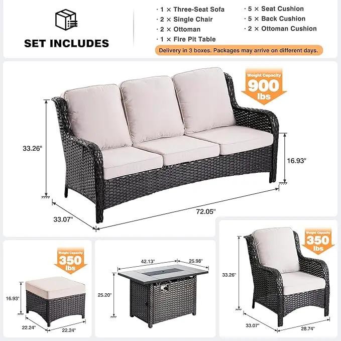 ovios 6 Pieces Patio Furniture Set with 42" Fire Pit Table, Outdoor Wicker Sofa with Ottomans, Comfy Cushions, High Back Couch Conversation Set, Brown Rattan, Beige by GreenHaven Gardens