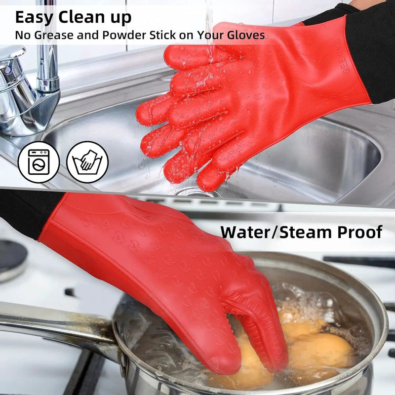 GEEKHOM Silicone Grilling Gloves, Heat Resistant Oven Mitts, BBQ Gloves, Waterproof Non-Slip for Barbecue, Cooking, Baking, Fryer, Red by GreenHaven Gardens