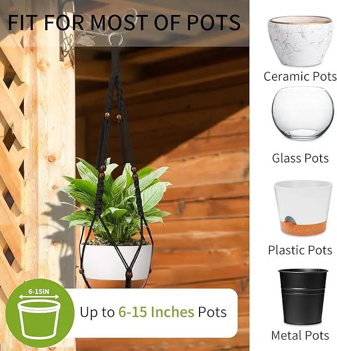 43 Inch Macrame Plant Hanger - Fits 6-15 Inch Pots, Extra Long Hanging Planter Holder for Indoor Outdoor, with Red Wood Beads, Boho Home Decor, 2 Pack, Black (POTS NOT Included) by GreenHaven Gardens