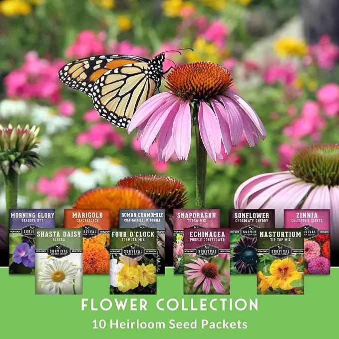 Survival Garden Seeds 10 Flower Collection - Four O’Clock, Chamomile, Shasta Daisy, Purple Coneflower, Marigold, Morning Glory, Nasturtium, Snapdragon, Sunflower, Zinnia - Non-GMO Heirloom Varieties by GreenHaven Gardens