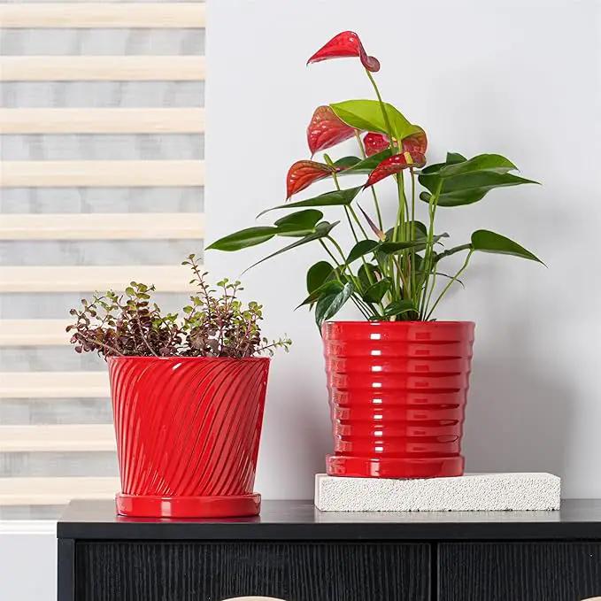 Ton Sin Plant Pots, 6 Inch Flower Pots for Plants,Ceramic Planter with Drainage Holes,Indoor Planter Pots with Saucer,Outdoor Garden Pots (Red, 4 Pack) by GreenHaven Gardens
