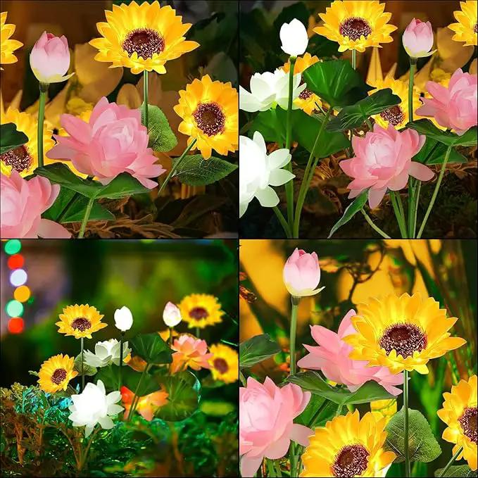 Solar Flower Lights - 4 Pack Outdoor Waterproof Sun Powered Lotus Sunflowers Landscape Decorative Glowing Lights for Yard, Lawn, Patio, Pathway by GreenHaven Gardens