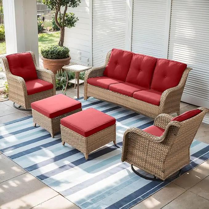 Outdoor Wicker Patio Furniture Set - 6 Piece Rattan Patio Conversation Set with 2 Rocking Swivel Chairs,2 Ottomans,1 Sofa and 1 Side Table for Porch Deck Backyard Garden(Yellow/Red) by GreenHaven Gardens