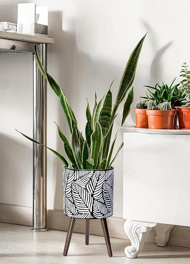 D'vine Dev 12 Inch Planter Pot with Stand, Mid-Century Tall Plant Pot with Legs for Indoor Plants, Large, White/Grey, 88-L-C-7 by GreenHaven Gardens