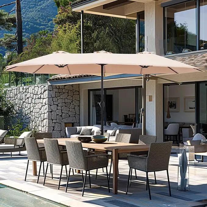 GREEN PARTY 15 ft Rectangle Patio Umbrella with Base Included, Double-Sided Table Umbrella with Crank, Large Outdoor Umbrellas for Patio Poolside Garden Backyard, Beige by GreenHaven Gardens