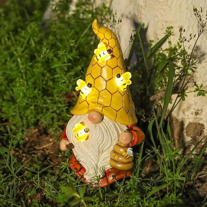 Garden Gnome Statue with Bee Solar Lights, Resin Gnome Figurine for Outdoor Decor, Porch Patio Yard Decorations by GreenHaven Gardens