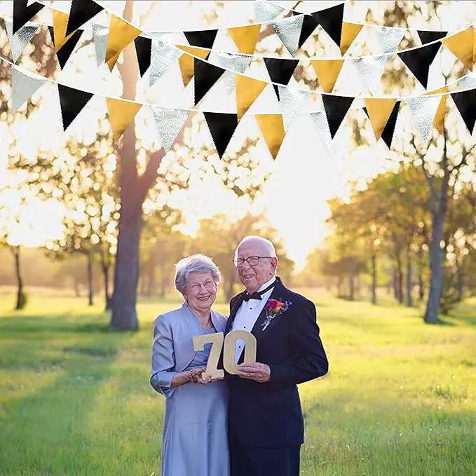 Black Gold Silver Party Decoration Triangle Pennant Banner Flag Metallic Fabric Bunting Garland for Birthday Graduation Anniversary Wedding Bridal Shower Bachelorette Engagement Disco Party Supplies by GreenHaven Gardens