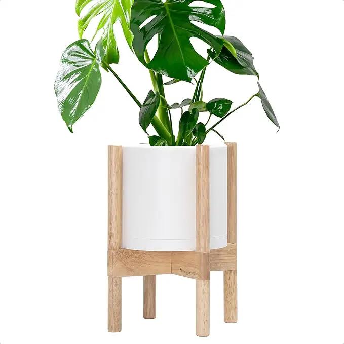D'vine Dev Planter Pot with Stand - 8 Inch Plastic Cylinder Flower Pot with Wood Planter Holder for Indoor, Matte White Pot + Natural Stand, 55-C-J-1 by GreenHaven Gardens