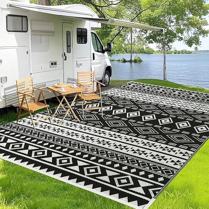WILDROOTS 9x12 Feet Black and White Plastic Outdoor Rug, Stain Resistant Waterproof Reversible Outdoor Patio Rug, Fade Resistant Camping Rug by GreenHaven Gardens