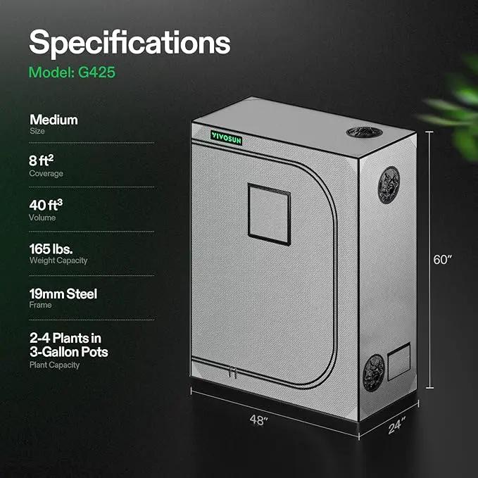 VIVOSUN G425 48"x24"x60" Grow Tent, 4x2 FT Advanced Gray Grow Tent with 19mm Poles, Observation Window and Floor Tray for Hydroponic Plants for VS2000 by GreenHaven Gardens