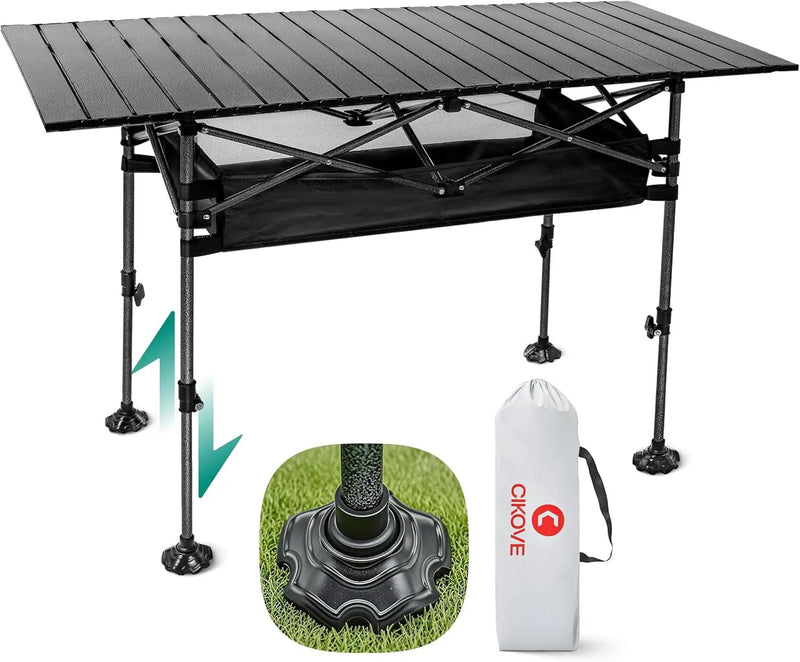 Height Adjustable Camping Table Tall Large Outdoor Folding Camping Table with Wide-Base Anti-Sink Legs & Carry Bag for Camping BBQ Beach Backyard (Black) by GreenHaven Gardens