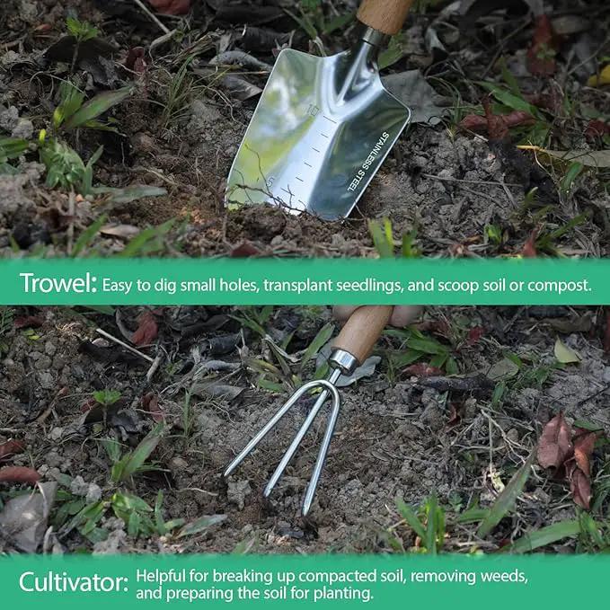 LeMotech Garden Tool Set, 2Pcs Gardening Hand Tools, Stainless Steel Trowel and Cultivator with Beech Handle, Outdoor Gardening Kit for Women Men by GreenHaven Gardens