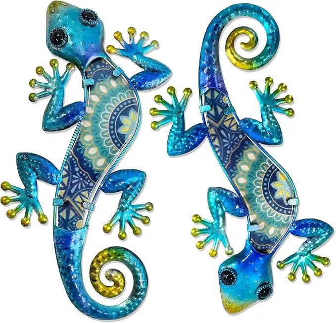 HONGLAND Metal Gecko Wall Art 2Pcs Outdoor Wall Decor Lizard Metal Hanging Wall Decoration Glass Sculpture for Garden Yard Patio Fence Home (Blue) by GreenHaven Gardens