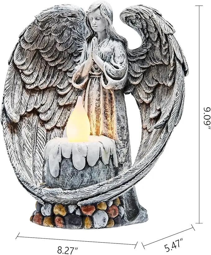 Angel Garden Statues Outdoor Cemetery Decorations for Grave Take The Cross Praying Wings Angel Figurine Cemetery Lights Patio Lawn Yard Porch Decorations 10.24 Inch by GreenHaven Gardens