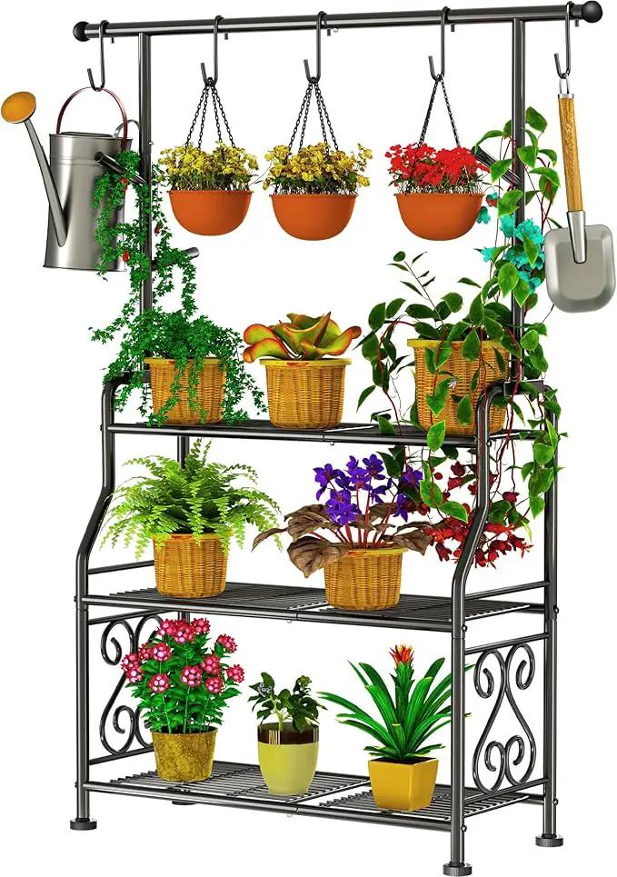 GIOTORENT Plant Stand Indoor Outdoor, 3-Tier Heavy Duty Metal Shelves, Display up to 14 Multiple Plants, Tall Plant Holder with Plant Hanger, Suit for Patio Living Room Garden Balcony, 5 Hooks, Black by GreenHaven Gardens