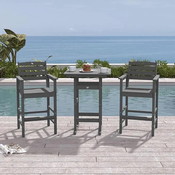 3-Piece HDPE Outdoor Bar, Outdoor Bar Stools and Outdoor Bar Table with Heart Cutout Design, All Weather Bistro Set Outdoor for Patio, Porch, Pool (Grey) by GreenHaven Gardens