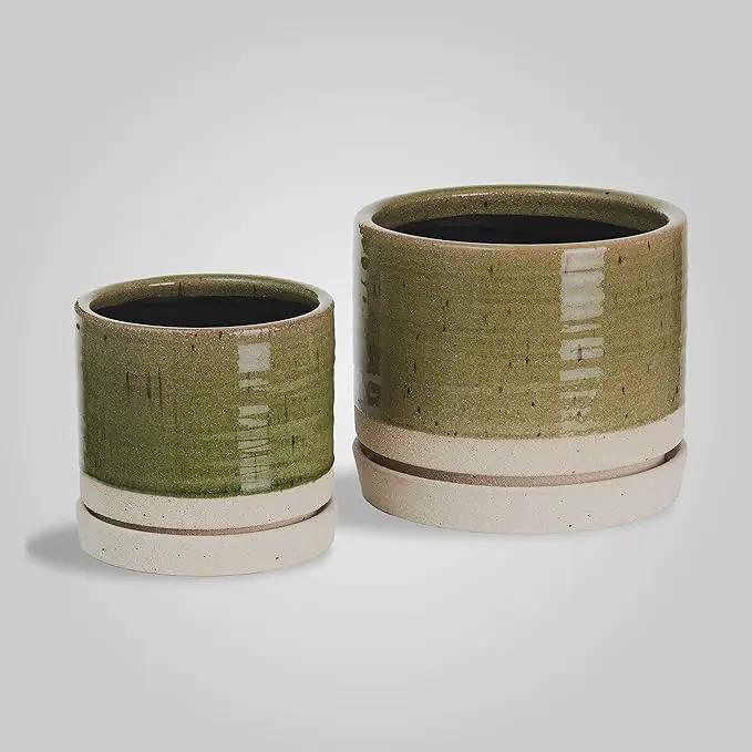 6 + 8 Inch Plant Pots, Ceramic Planter Pot with Drainage Hole & Saucer, Indoor/Outdoor Cylinder Round Planter Pot, Green by GreenHaven Gardens