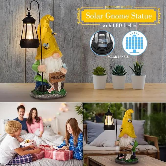 12.6'' Solar Garden Gnomes Outdoor Statues with Lantern, Welcome Gnome Garden Outdoor Decor Gift Waterproof Decoration for Patio, Balcony, Yard Ornament - Unique Housewarming Gifts by GreenHaven Gardens
