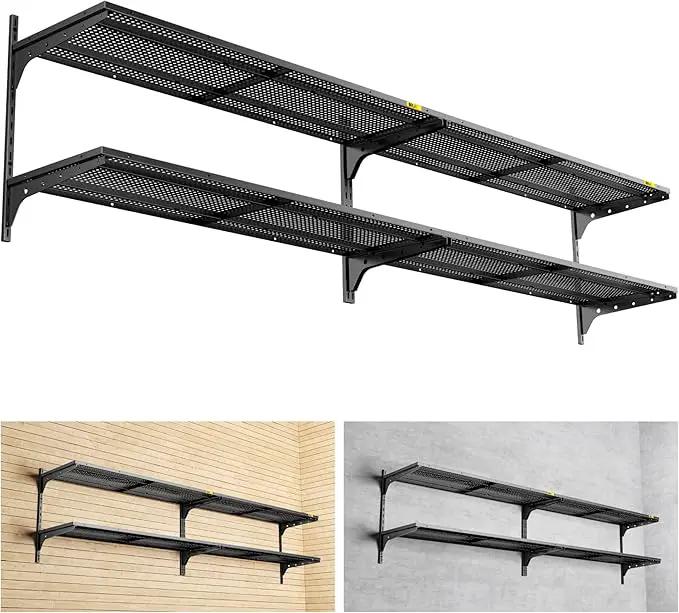 2-Pack 2 Tier 1.3x4ft Garage Shelving Wall Mounted, 800 lbs Load Capacity，15.6x48inch per Shelf Height Cassette Adjustable Floating Shelves(Black) by GreenHaven Gardens